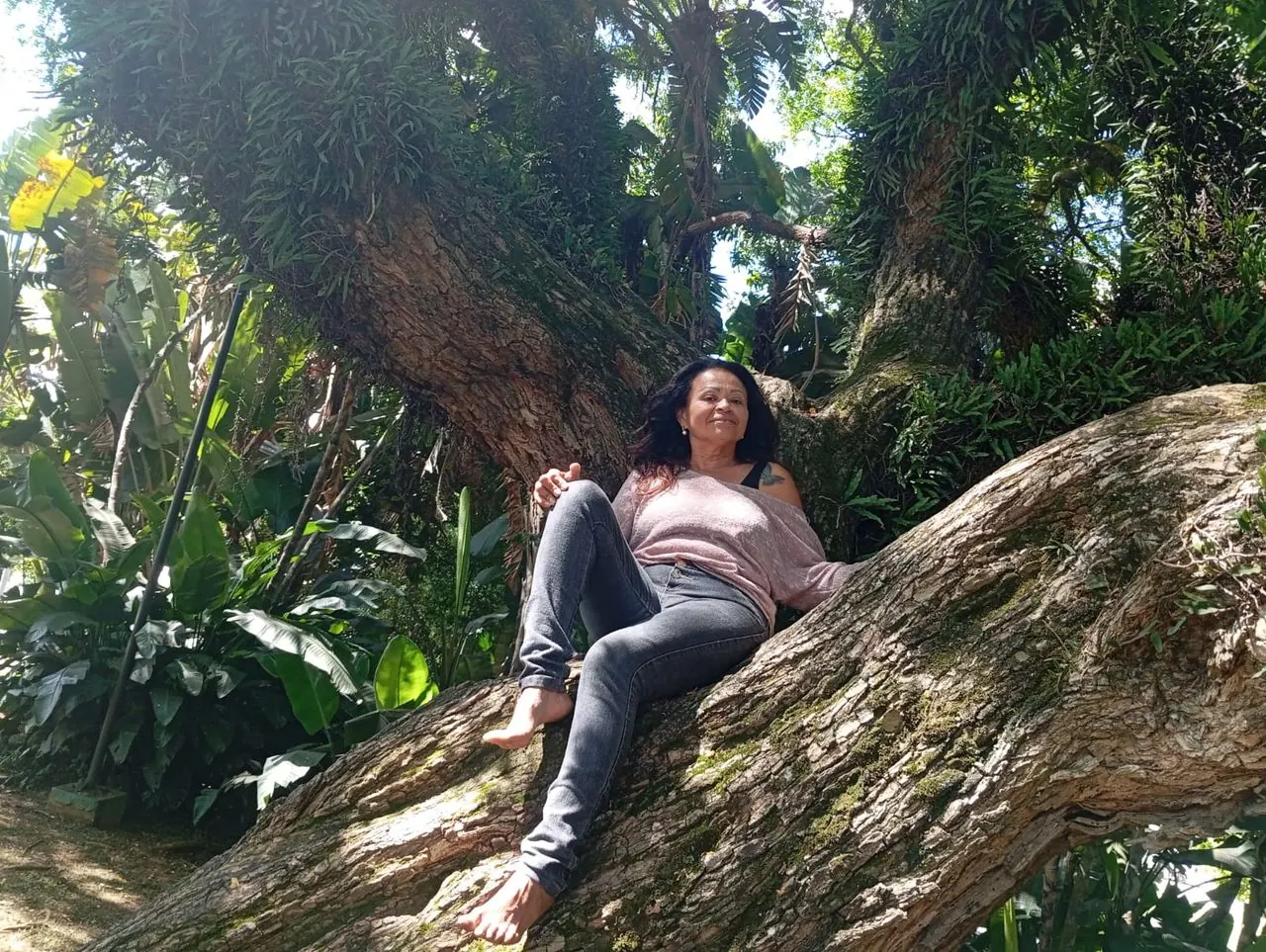Mulher descansando sobre o tronco de uma grande árvore